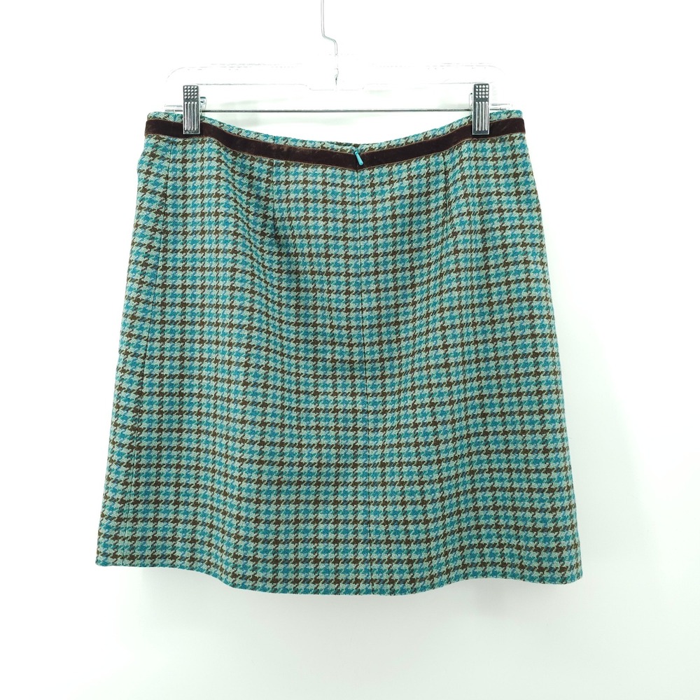 Banana Republic A-Line Skirt Women 4 Teal Wool Houndstooth Velvet Trim NWT